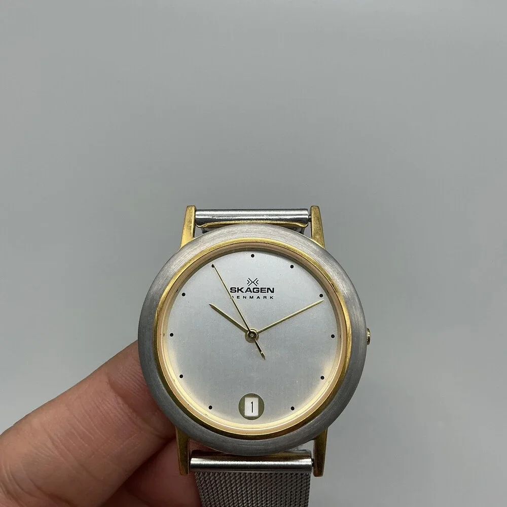 Skagen 16LGS Mens Watch 34mm Silver Tone Two Tone Stainless Date New Battery